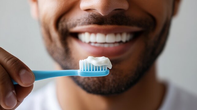 Man holding a blue toothbrush with toothpaste, showcasing dental hygiene and healthy smile in close-up view