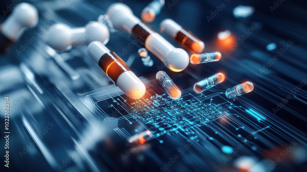 Poster innovative visualization of quantum computing with capsules and circuits, showcasing intersection of