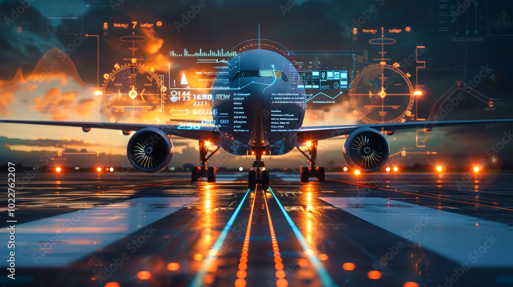 Poster a modern airplane prepares for takeoff on a runway surrounded by floating holograms displaying essen