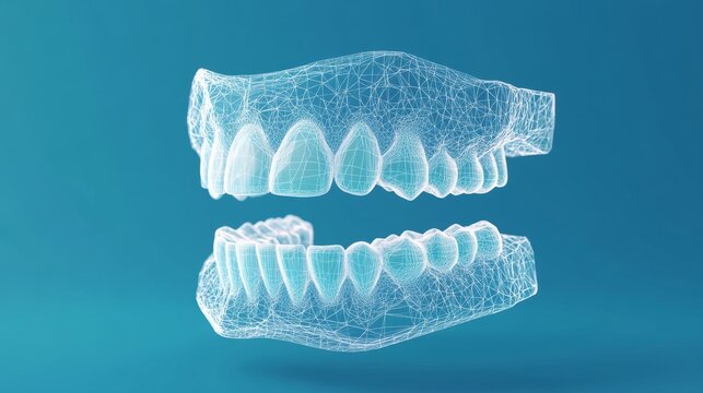 Futuristic 3D wireframe model of human teeth, depicting dental anatomy and technology on a blue background