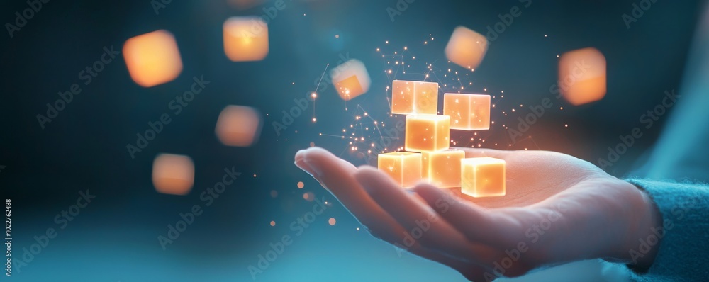 Poster a hand holds glowing cubes against a blurred background, creating a magical, ethereal effect with sp