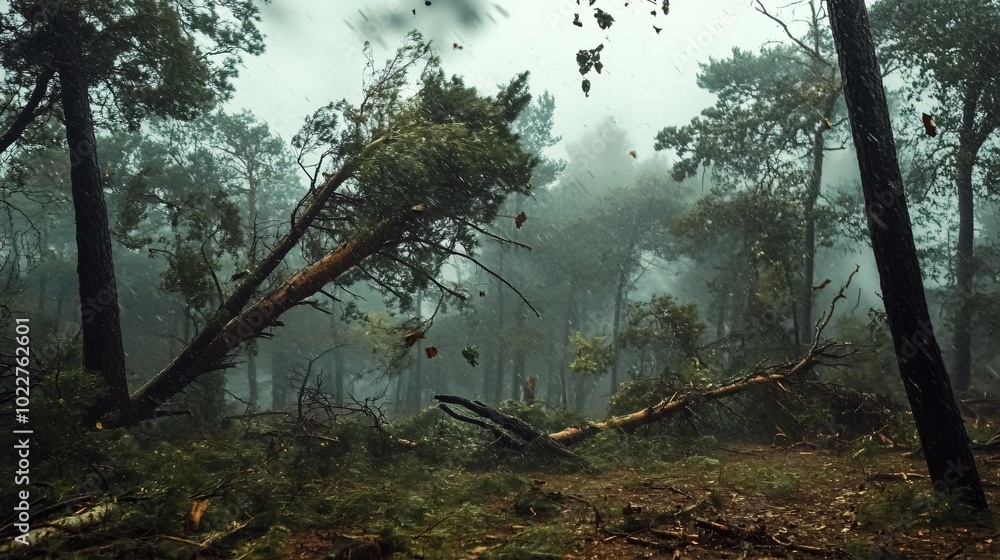 Poster A large tree has been uprooted in a dense forest during a heavy downpour. The rain falls hard and the wind whips through the trees, creating a sense of chaos.