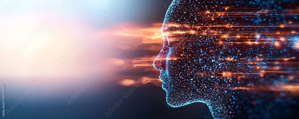 Poster a digital representation of a human profile with flowing light particles, symbolizing speed, technol