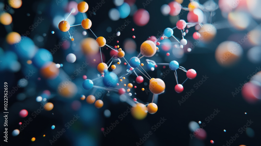 Poster artistic representation of combinatorial chemistry, showcasing colorful molecular structures and dyn
