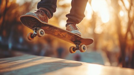 Skateboarder is in mid-air on a skateboard. The skateboard is on a ramp. skateboarder mid-trick, flipping the board in midair at an urban skate park.