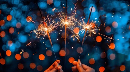 	Closeup of people holding sparklers celebrating New Year with glowing lights and joyful faces