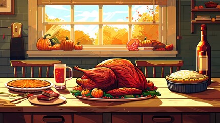 Family gathered around Thanksgiving table filled with roast turkey, pies, and more in a cozy atmosphere