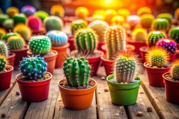 Small Cactus Plants in Colorful Plastic Pots - Candid Photography for Home Decor and Gardening Enthusiasts