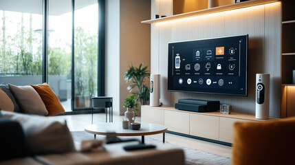 Contemporary living room with smart TV displaying a home automation interface, stylish furniture, indoor plants, and a large window providing natural light.