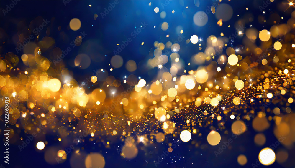 Poster golden bokeh lights create a shimmering effect against a blue background for a festive atmosphere