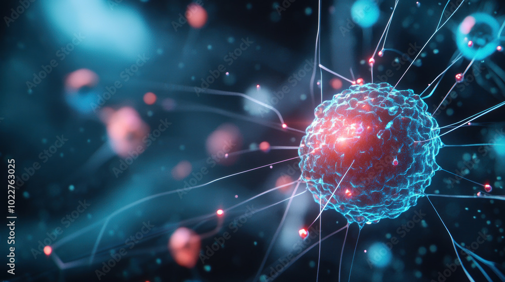 Poster vibrant depiction of cell with intricate details, showcasing its structure and surrounding elements.