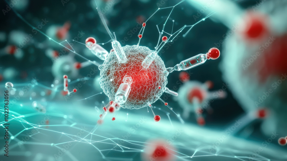 Poster microscopic view of nanotechnology in action, showcasing intricate structures and red particles inte