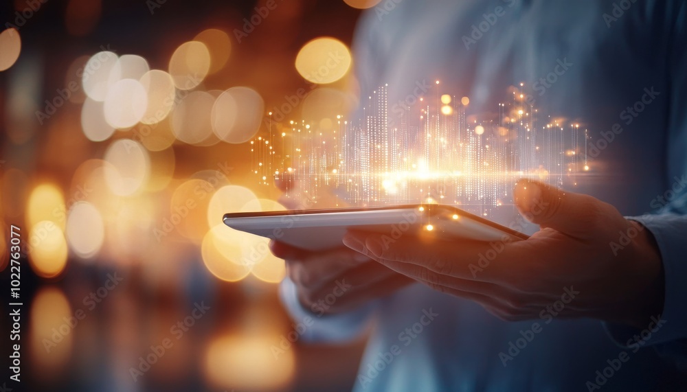 Aufkleber a person holds a tablet displaying a glowing digital interface with vibrant data visuals against a b