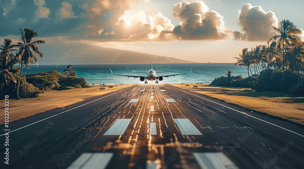 Poster A close-up of a runway with an airplane taking off during the day, Palm trees and the ocean serve as the background.