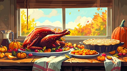 Cozy family gathering for Thanksgiving feast in homey dining room with soft lighting and traditional foods