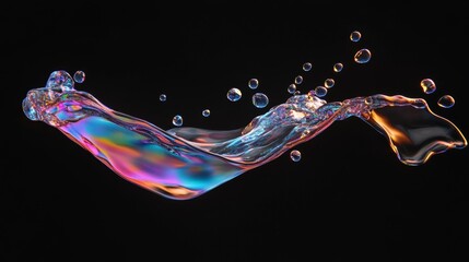 Abstract fluid splash with iridescent colors on black background, perfect for creative and technology design concepts