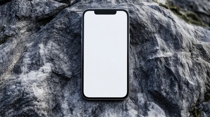 Smartphone with blank screen on textured rock surface, perfect for digital and advertising mockups