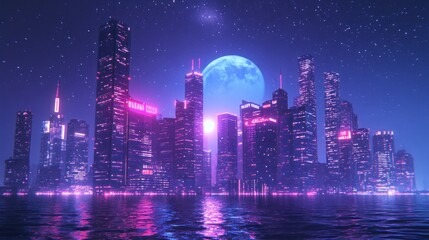 Fototapeta premium A vibrant, futuristic cityscape illuminated by neon lights under a large moon.