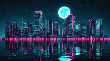 Obraz premium A neon-lit city skyline reflecting on water under a bright moon.