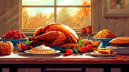Inviting Thanksgiving celebration with family around table filled with roast turkey, mashed potatoes, and pies
