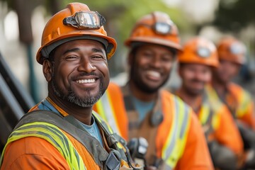 Man wearing an orange safety vest and a hard hat is smiling. He is the center of attention in the image. A group of smiling construction workers wearing uniforms