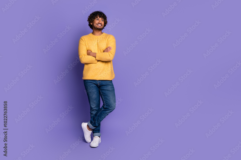 Canvas Prints Photo of cheerful man wear trendy yellow clothes crossed arms look empty space isolated on purple color background