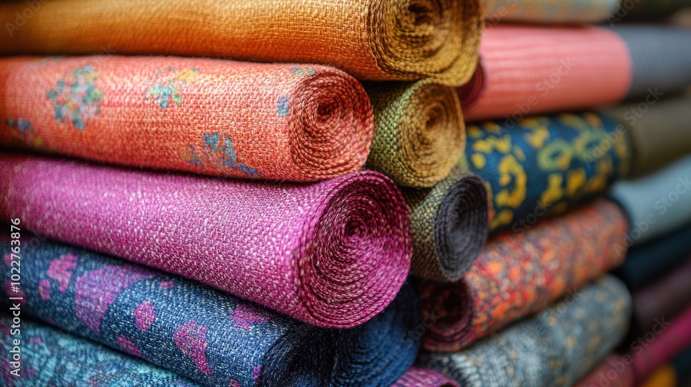 Poster a vibrant stack of rolled textiles showcasing various colors and patterns.