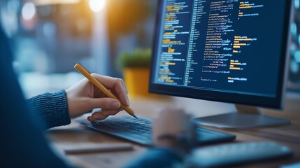 A close-up shot of a person's hand using a stylus and keyboard while writing code on a computer monitor, with highlighted syntax displayed, set in a modern workspace with warm lighting