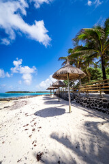 Beautiful postcard view of a tropical beach at Blue Bay, Mauritius, lined with coconut trees and crystal clear turquoise waters