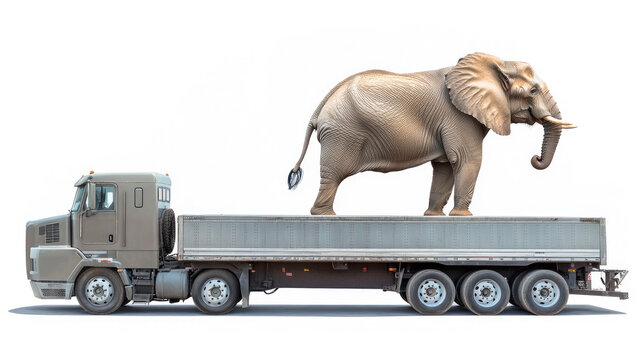 An elephant on the trailer is traveling on a road. Concept for - oversize cargo transportation.