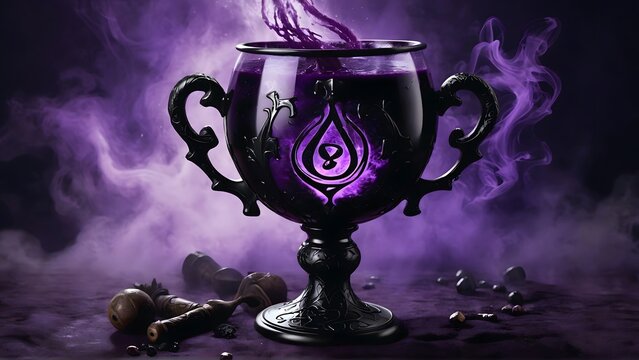 A mysterious dark purple elixir with swirling mist, glowing runes, and served in a medieval goblet for a magical Halloween.	