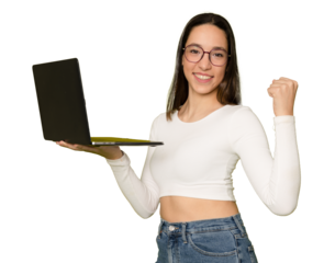 Great Job. Portrait of excited lady holding laptop computer at studio making winner gesture over transparent background.