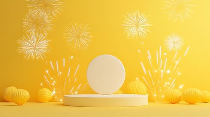 Minimal Diwali Festival Product Display Podium with Fireworks on Vibrant Yellow Background - 3D Render for Holiday Celebrations