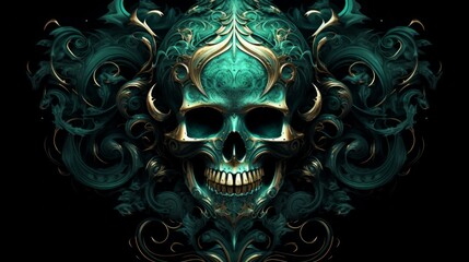 Dark green skull with luxury ornament on black background surface. Neural network ai generated art