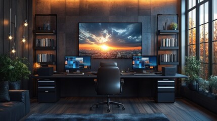 Modern home office with dual monitors and sunset view.