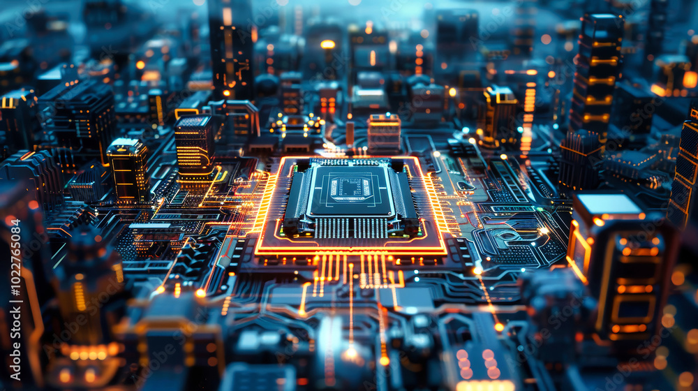 Poster aerial view of a futuristic ai chip surrounded by glowing circuits and modern buildings showcasing a