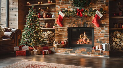 Decorated Christmas tree and glowing fireplace in cozy living room for the holiday season