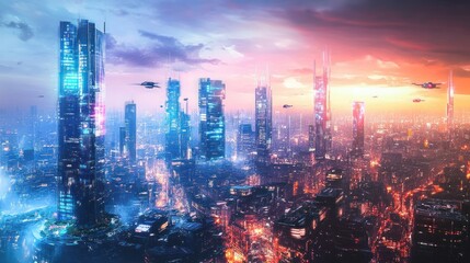 Fototapeta premium A futuristic cityscape at sunset, showcasing towering skyscrapers and flying vehicles.