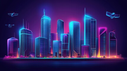 Futuristic city skyline with neon lights and hovering drones.