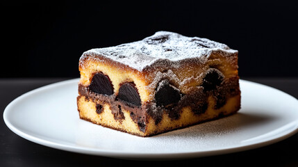 Close-up of a slice of marble chocolate cake with powdered sugar topping on a white plate against a black background.