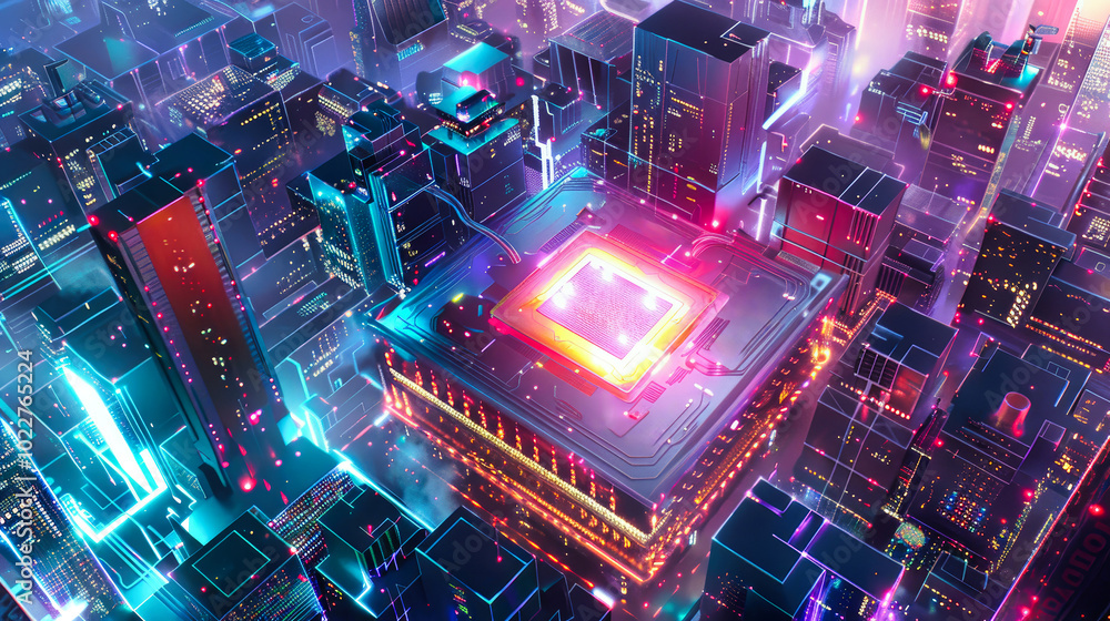 Poster an advanced chip with flowing data illuminates a futuristic cityscape, showcasing the complexity of 