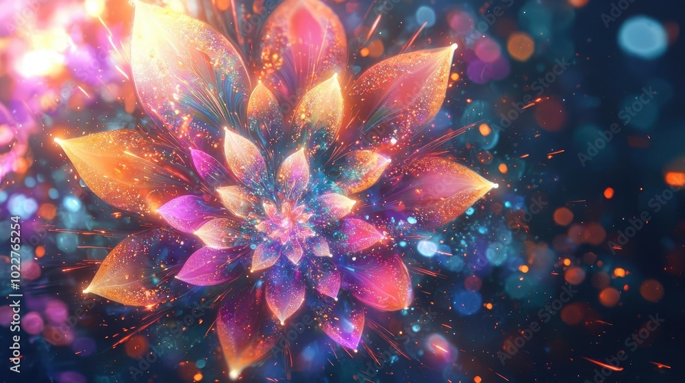 Poster a vibrant abstract flower design with luminous petals and sparkling effects, creating a mystical and
