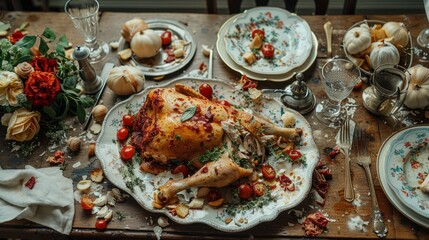 A beautifully set dining table adorned with a roast turkey, garnished vegetables, and autumn decorations, ready for a celebratory meal