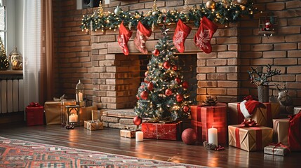 Christmas tree and fireplace glowing softly in cozy living room with gifts underneath