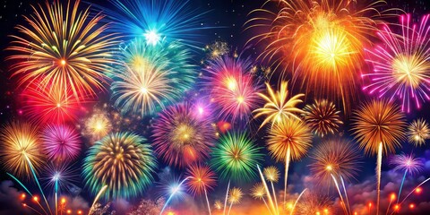 Fototapeta premium Stunning Fireworks Display on New Year's Eve with Vibrant Colors and Night Sky Backdrop