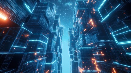 A futuristic digital landscape with glowing structures and a sense of depth.