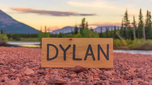 wooden sign of name Dylan rests on pebbly riverbank at sunset in nature