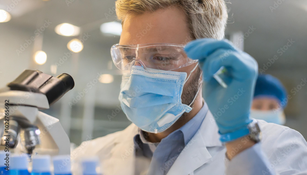 Poster a scientist conducting research with a microscope in a laboratory setting during daylight hours