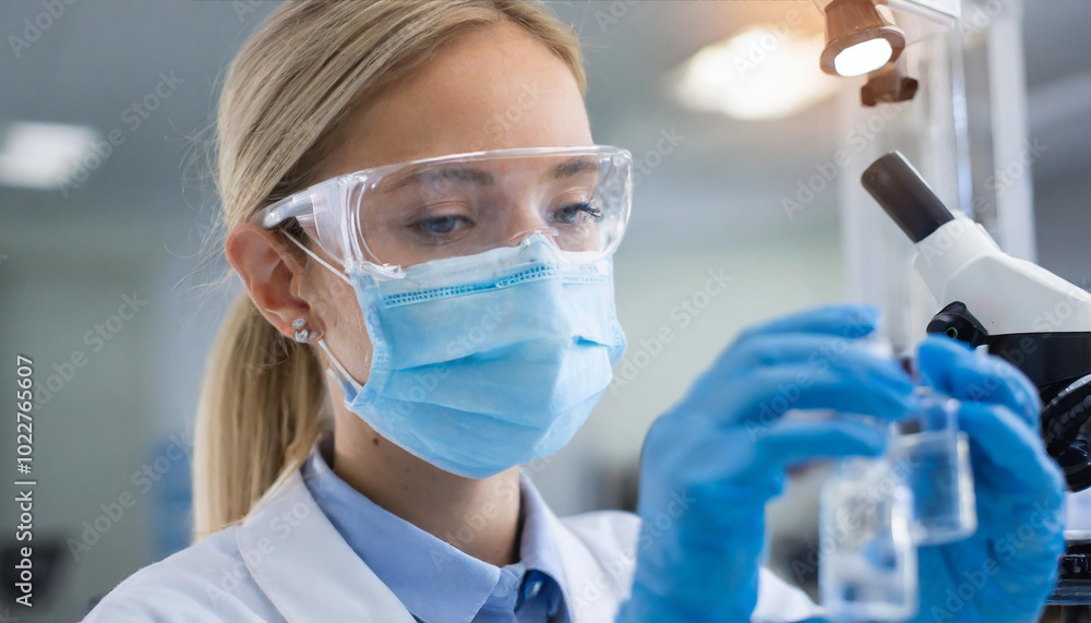 Aufkleber a scientist in a laboratory carefully examining a sample under a microscope while wearing protective