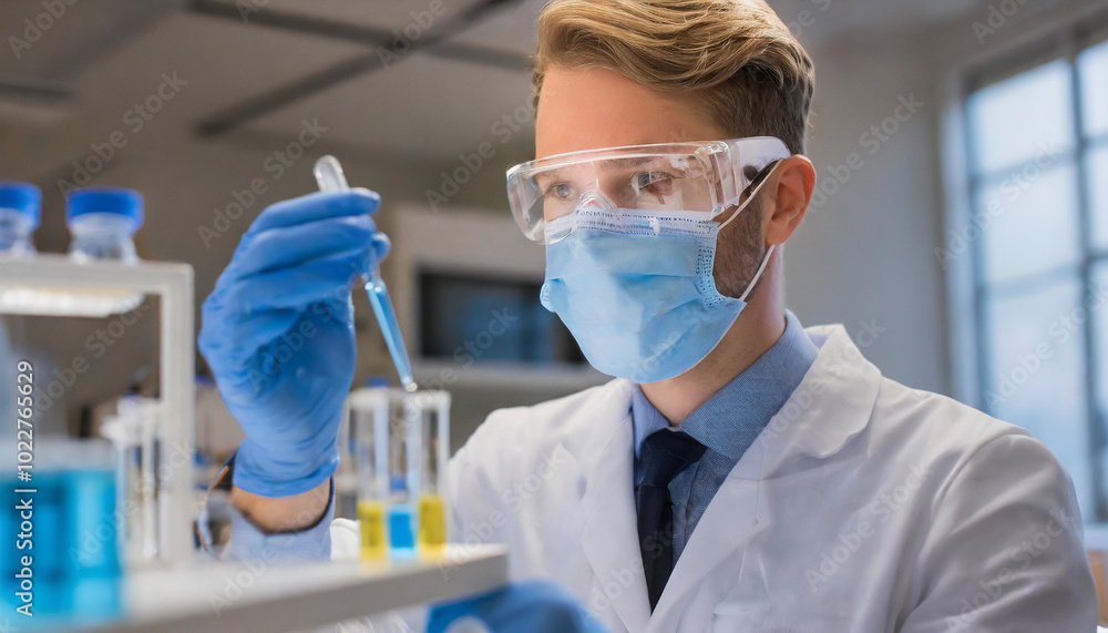 Poster scientist conducting experiments in a laboratory using pipettes and test tubes during daytime